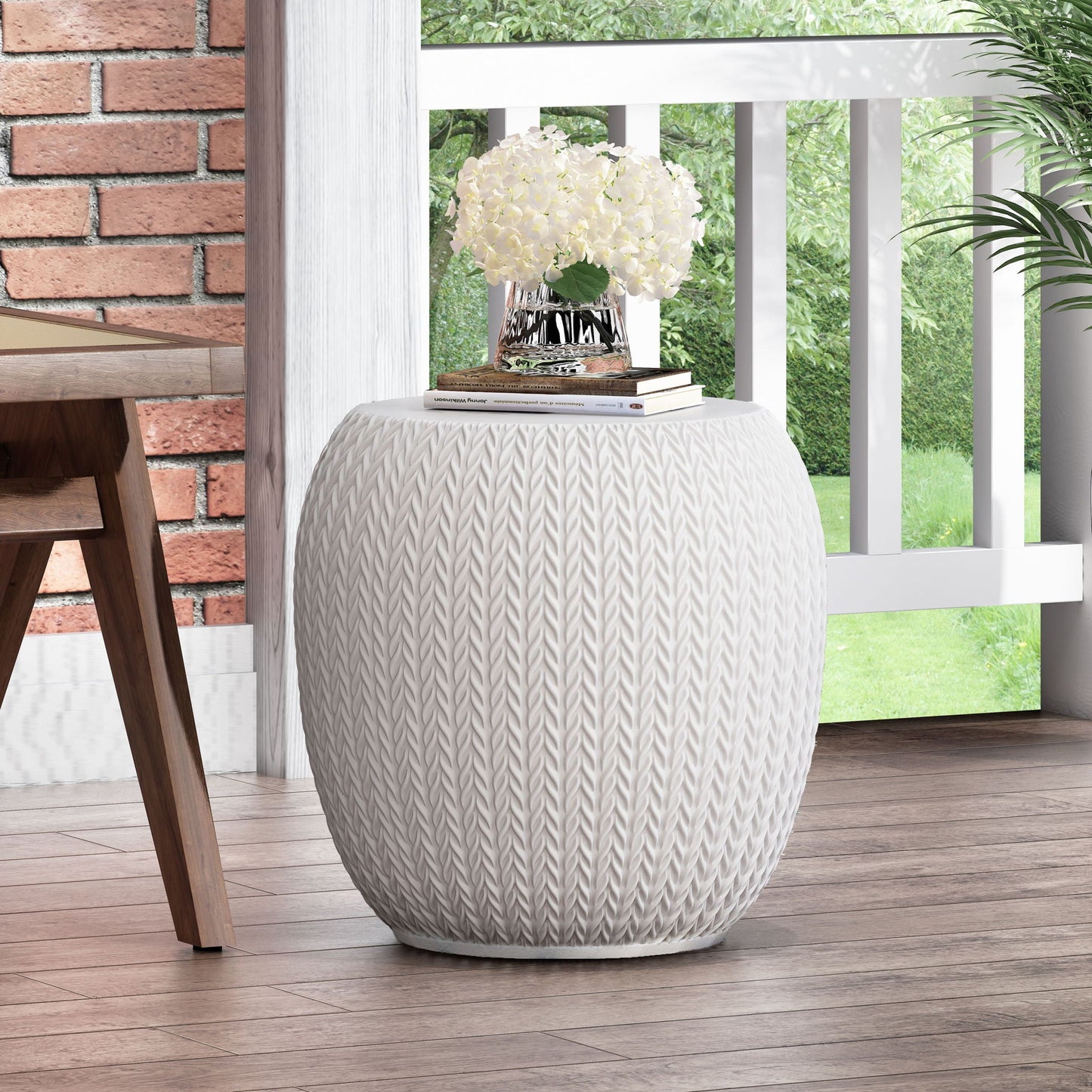 Antique White Concrete Side Table For Patio