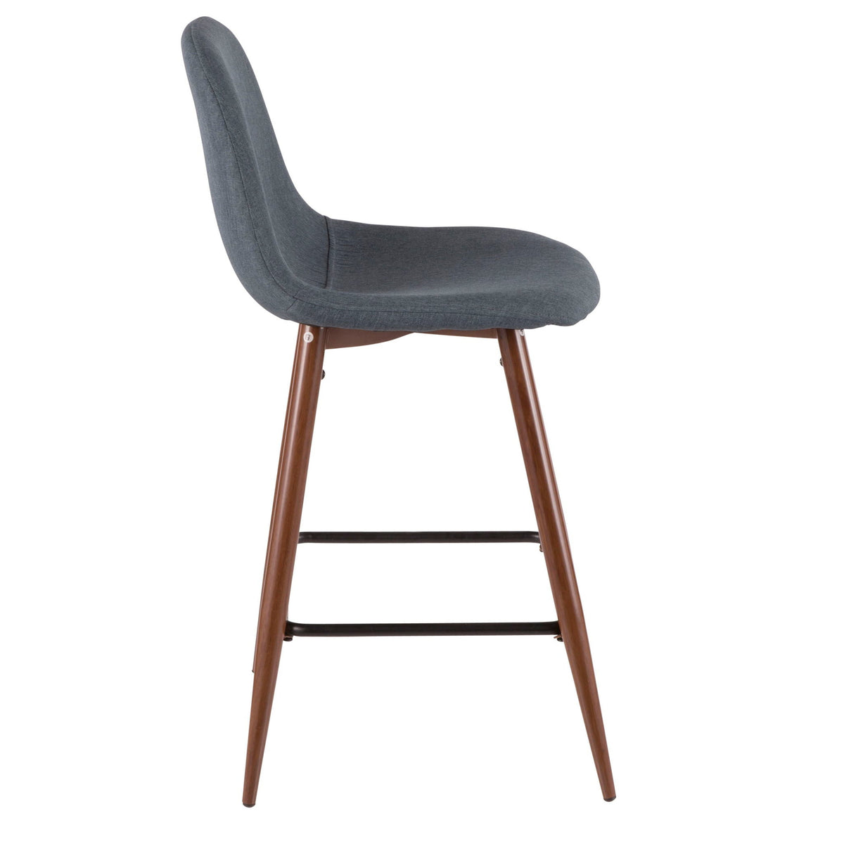 Mid Century Modern counter stool with blue upholstered seat and curved back, wooden legs on Tampa Home & Garden Store