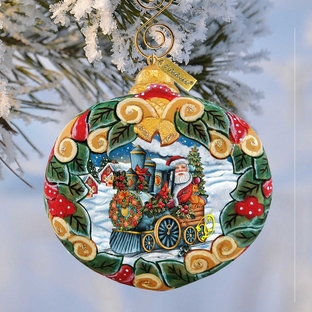 Ornaments Sculpted Santa Express Wreath hand-painted by G. DeBrekht with Santa on train on Tampa Home & Garden Store