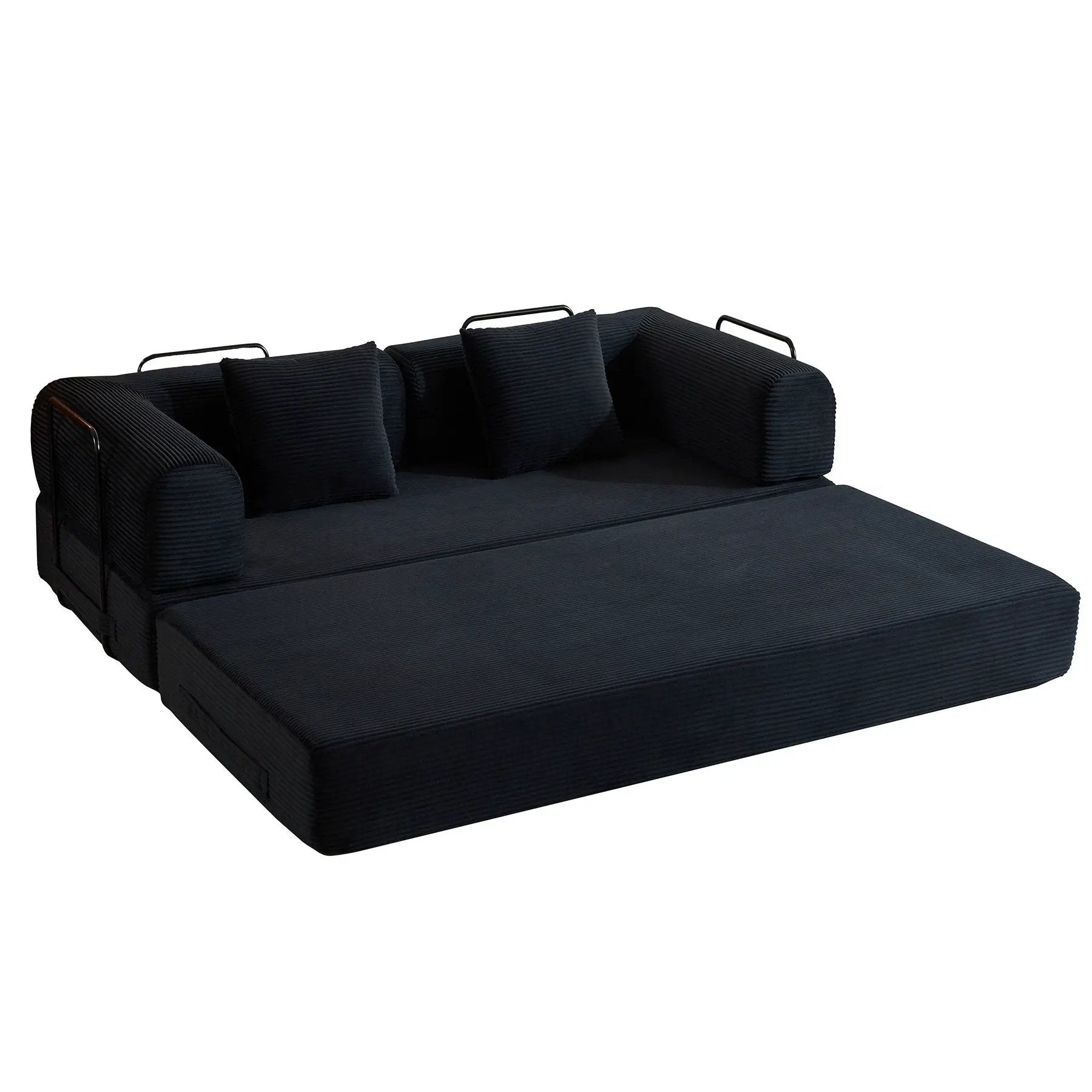 Convertible sleeper futon sofa with cylindrical pillows in dark fabric and fixed metal frame on Tampa Home & Garden Store