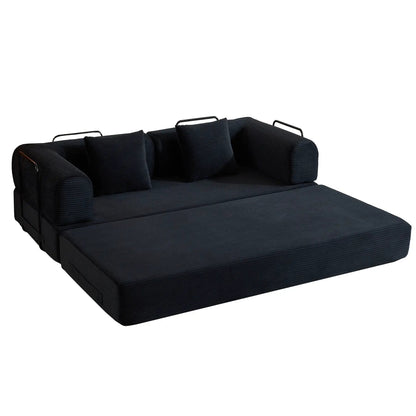 Convertible sleeper futon sofa with cylindrical pillows in dark fabric and fixed metal frame on Tampa Home & Garden Store