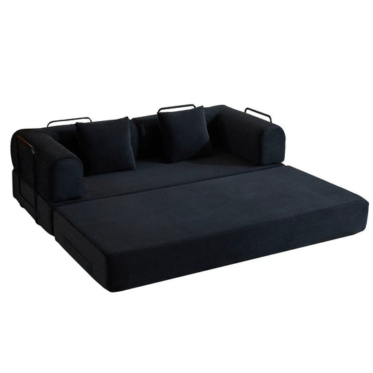 Convertible sleeper futon sofa with cylindrical pillows in dark fabric and fixed metal frame on Tampa Home & Garden Store