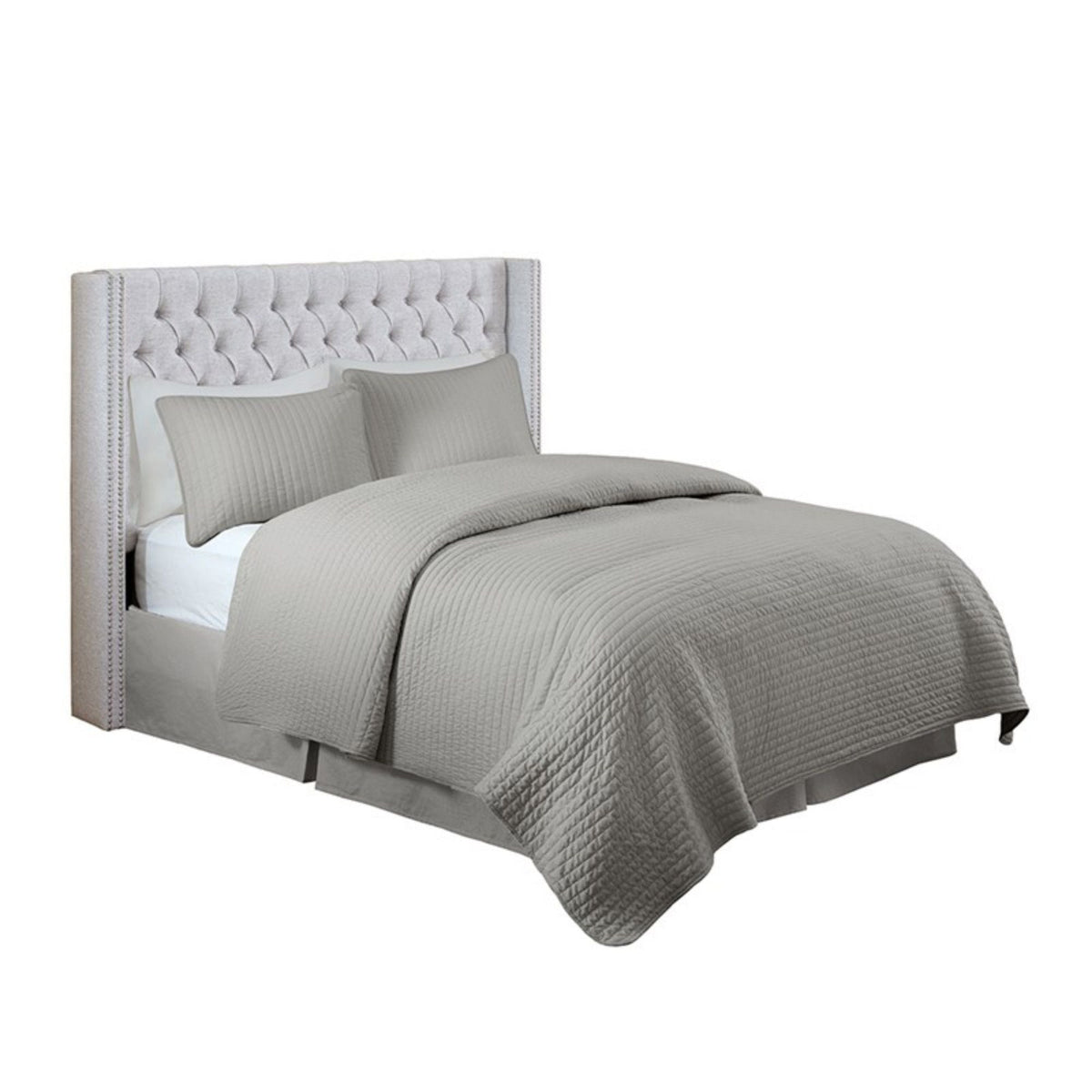 Queen upholstered headboard with tufted buttons and nailhead trim in gray fabric on Tampa Home & Garden Store