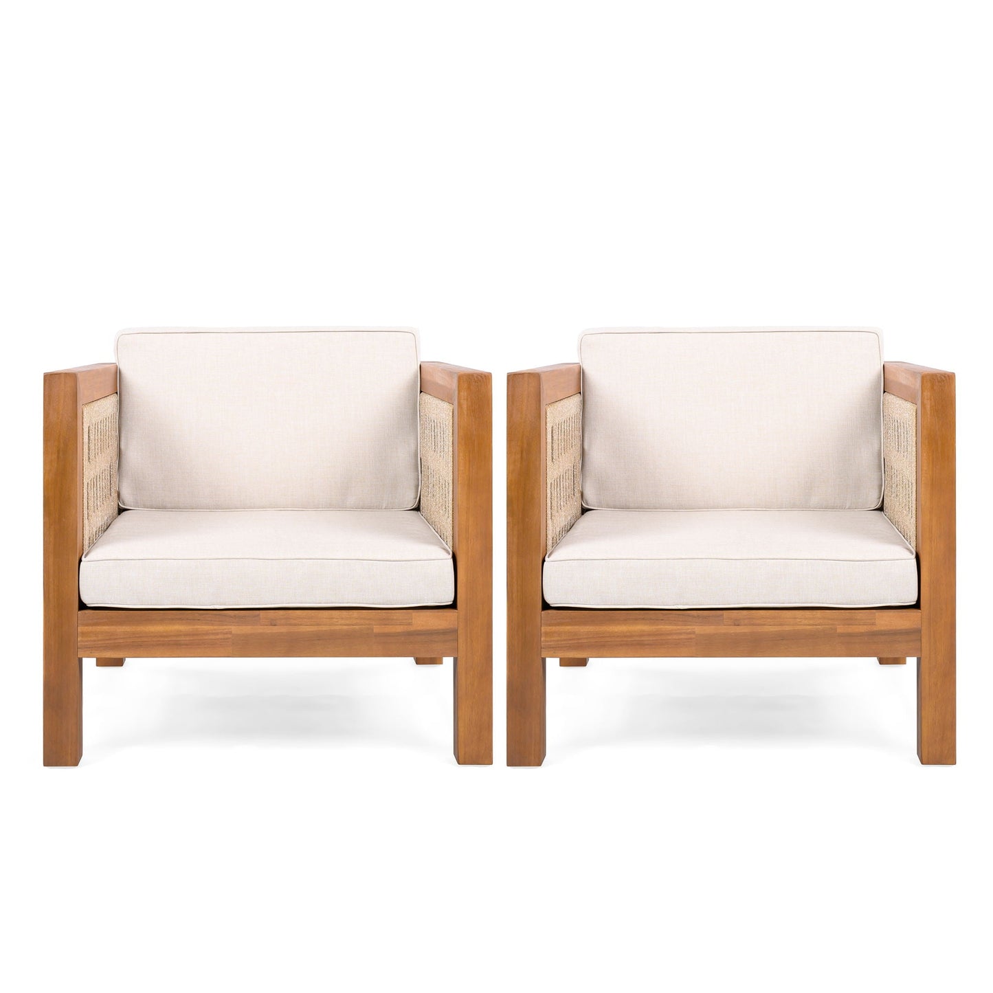 Outdoor club chairs with rope arms and beige cushions, wooden frames HouseOfZazla pair on Tampa Home & Garden Store