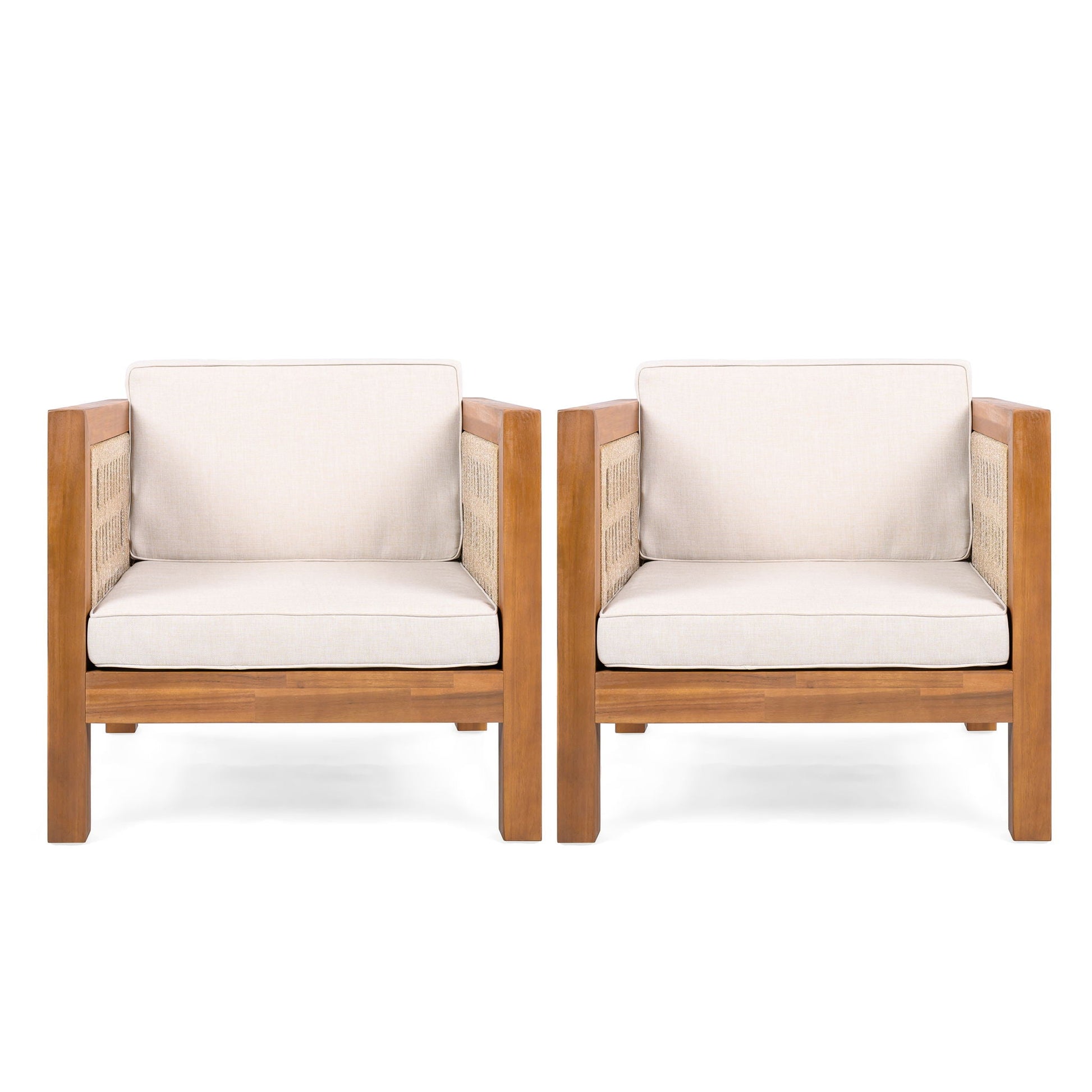 Outdoor club chairs with rope arms and beige cushions, wooden frames HouseOfZazla pair on Tampa Home & Garden Store