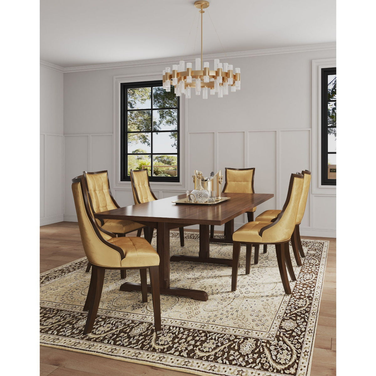 Fifth Avenue dining chairs six gold upholstered with dark wood legs around a table on Tampa Home & Garden Store