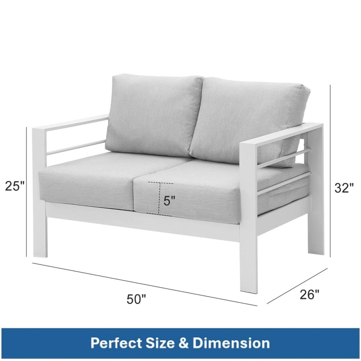 HouseOfZazla all-weather patio loveseat with thick grey cushions and white frame on Tampa Home & Garden Store