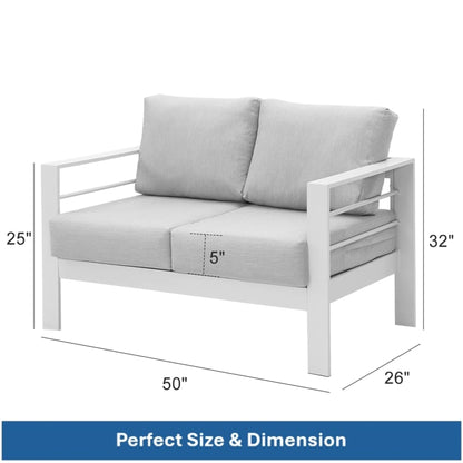 HouseOfZazla all-weather patio loveseat with thick grey cushions and white frame on Tampa Home & Garden Store