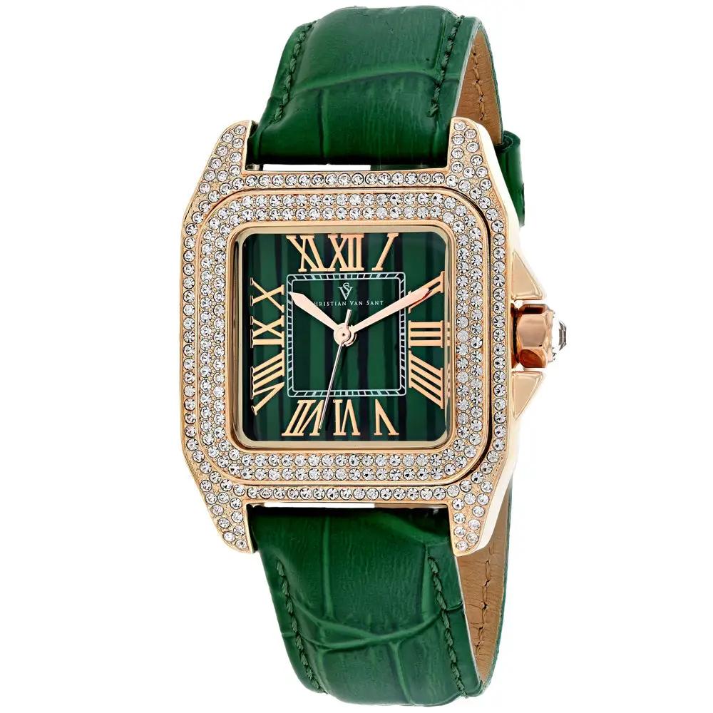 Christian Van Sant Radieuse watch by Bids.com with green dial, diamond bezel, green leather strap on Tampa Home & Garden Store