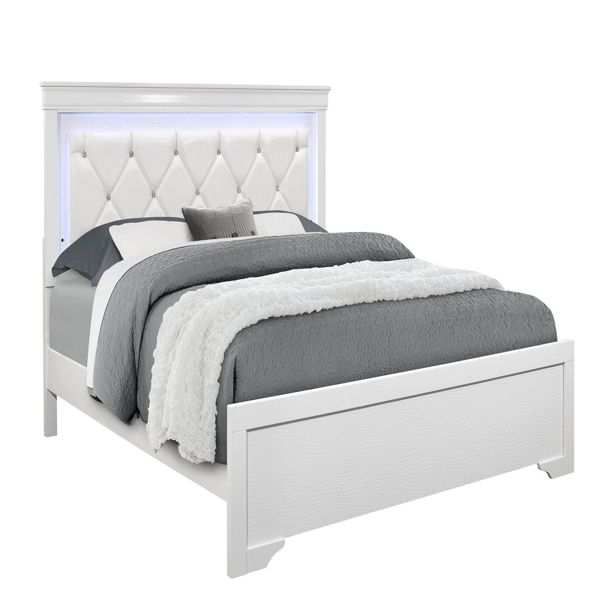 Shaker bed with LED lighting and crystal tufted white headboard, HouseOfZazla panel bed on Tampa Home & Garden Store