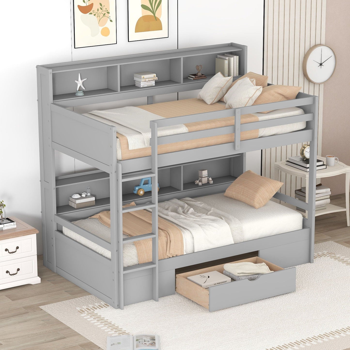 Twin size bunk bed with built-in shelves beside both bunks and storage drawer, HouseOfZazla on Tampa Home & Garden Store