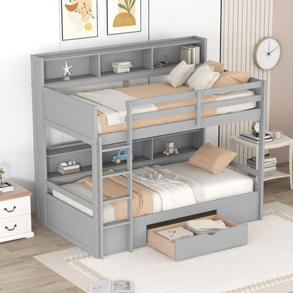 Twin size bunk bed with built-in shelves beside both bunks and storage drawer, HouseOfZazla on Tampa Home & Garden Store