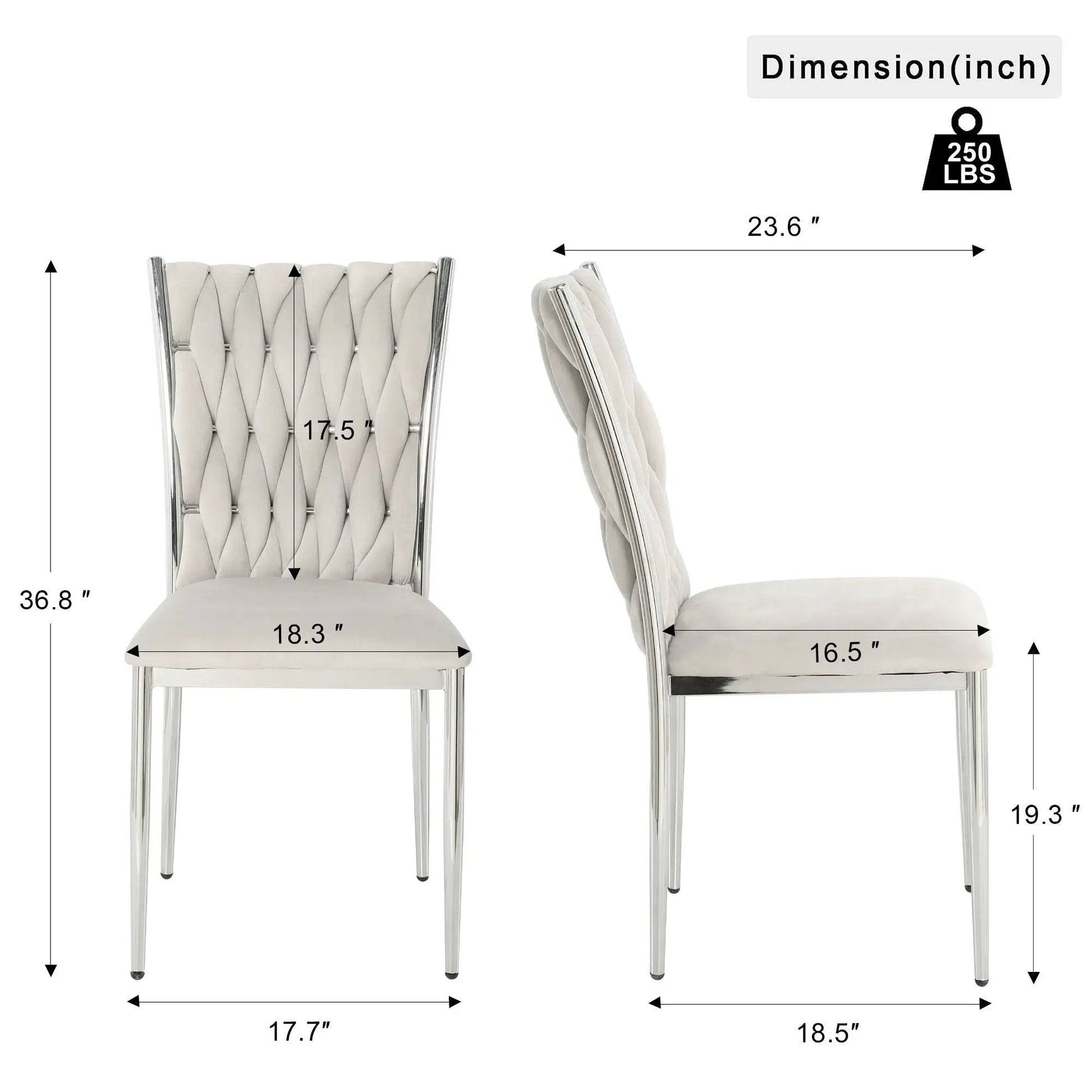 Modern dining chair set by Unique Piece Furniture; tufted beige upholstery, chrome legs 2 chairs on Tampa Home & Garden Store