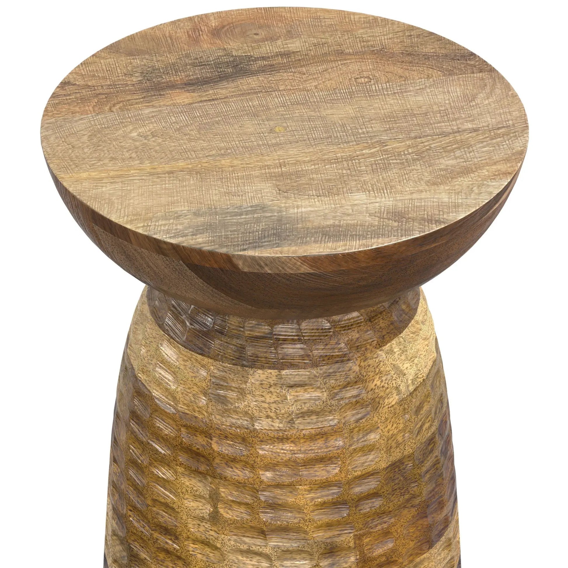 Boyd Handcrafted Accent Table round top in warm brown wood with textured carved surface on Tampa Home & Garden Store