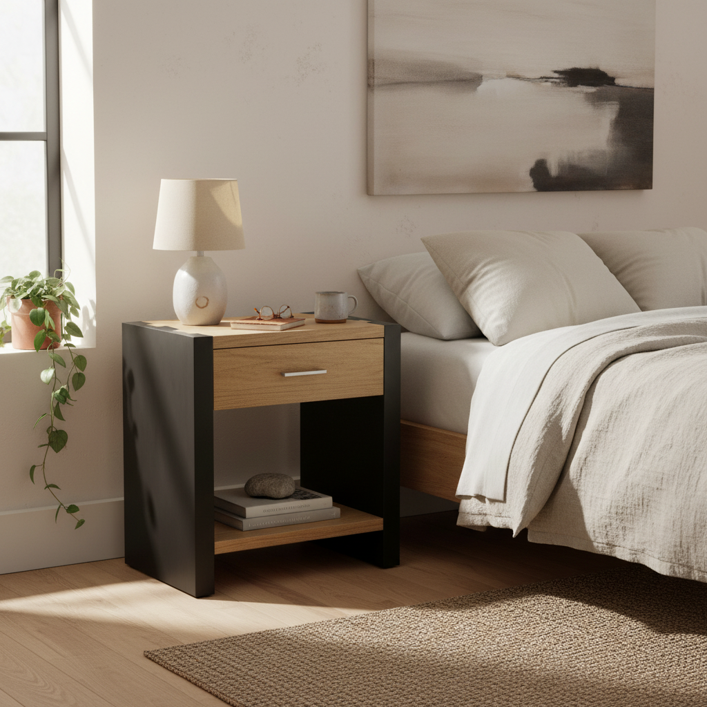 Wood nightstand bedside table with black frame, natural wood top and drawer beside bed on Tampa Home & Garden Store