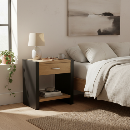 Wood nightstand bedside table with black frame, natural wood top and drawer beside bed on Tampa Home & Garden Store