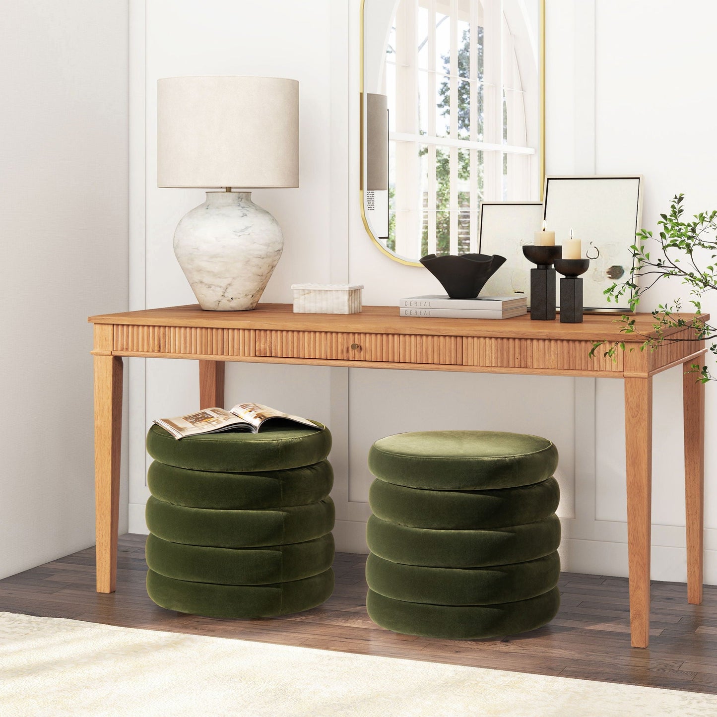 Fuji Oversized Round Storage Ottoman by HouseOfZazla in emerald green velvet, set of 2 on Tampa Home & Garden Store