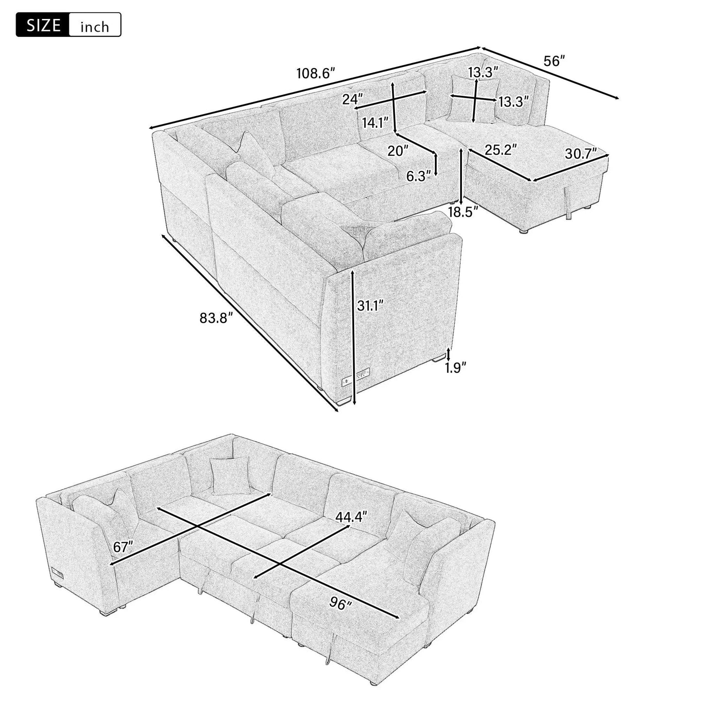 U-shaped sleeper sectional sofa pull-out with storage chaise, USB ports and two power sockets on Tampa Home & Garden Store