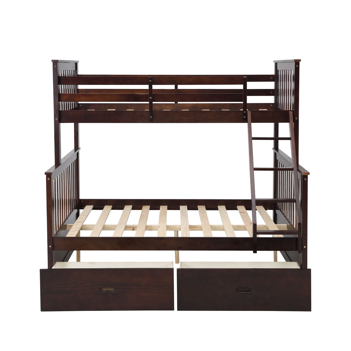 Bunk bed with ladder and guard rails in dark walnut finish with under-bed drawers on Tampa Home & Garden Store
