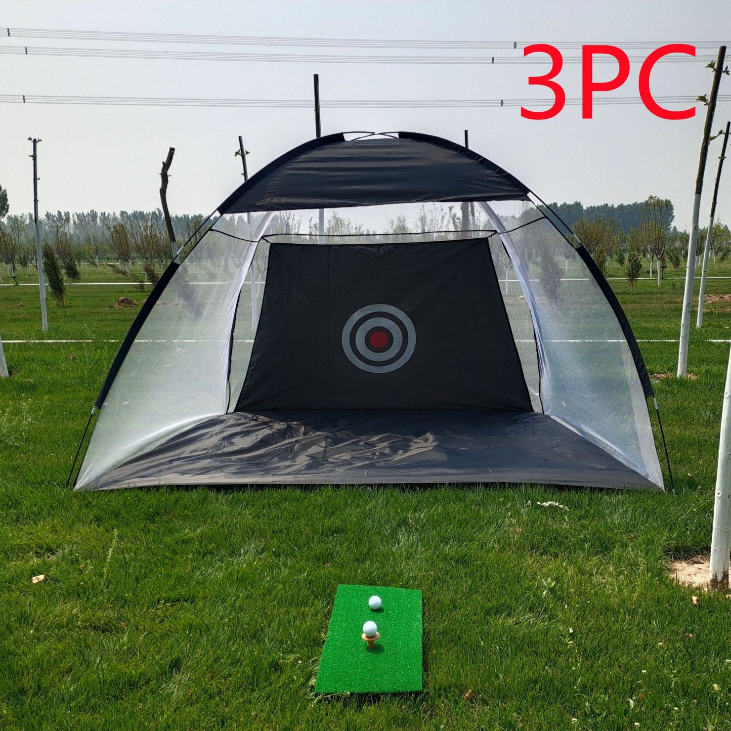 Golf practice net tent with mesh sides and black top, green hitting mat and two golf balls on Tampa Home & Garden Store