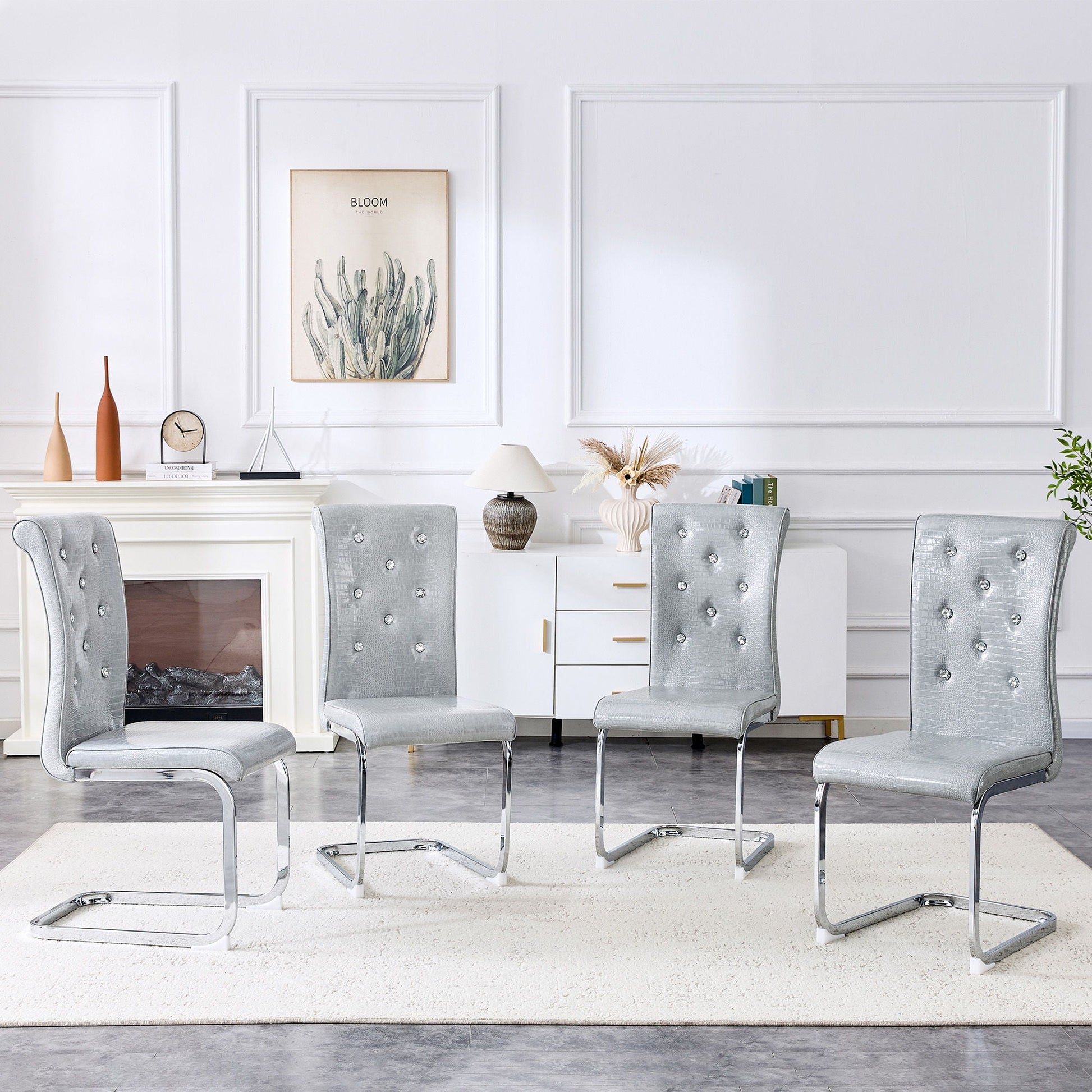 Elegant Design Upholstered Dining Chairs, gray tufted fabric with chrome cantilever bases on Tampa Home & Garden Store
