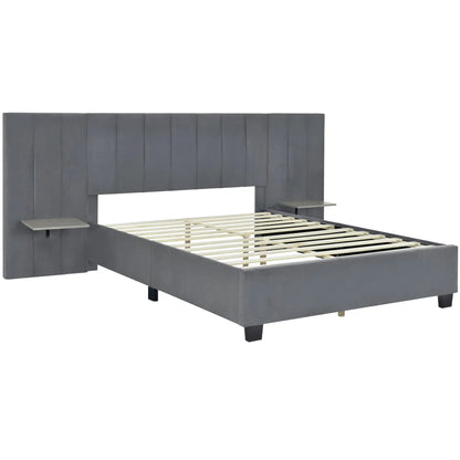 Upholstered platform bed with tall gray headboard and built-in side shelves by Unique Piece Furniture on Tampa Home & Garden Store