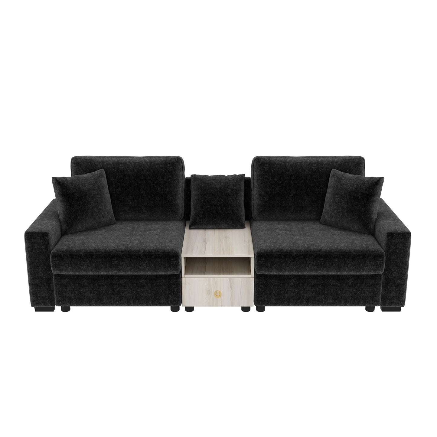 Modular sofa couch with storage armrest and center console, dark fabric with wood storage on Tampa Home & Garden Store