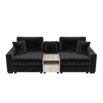 Modular sofa couch with storage armrest and center console, dark fabric with wood storage on Tampa Home & Garden Store