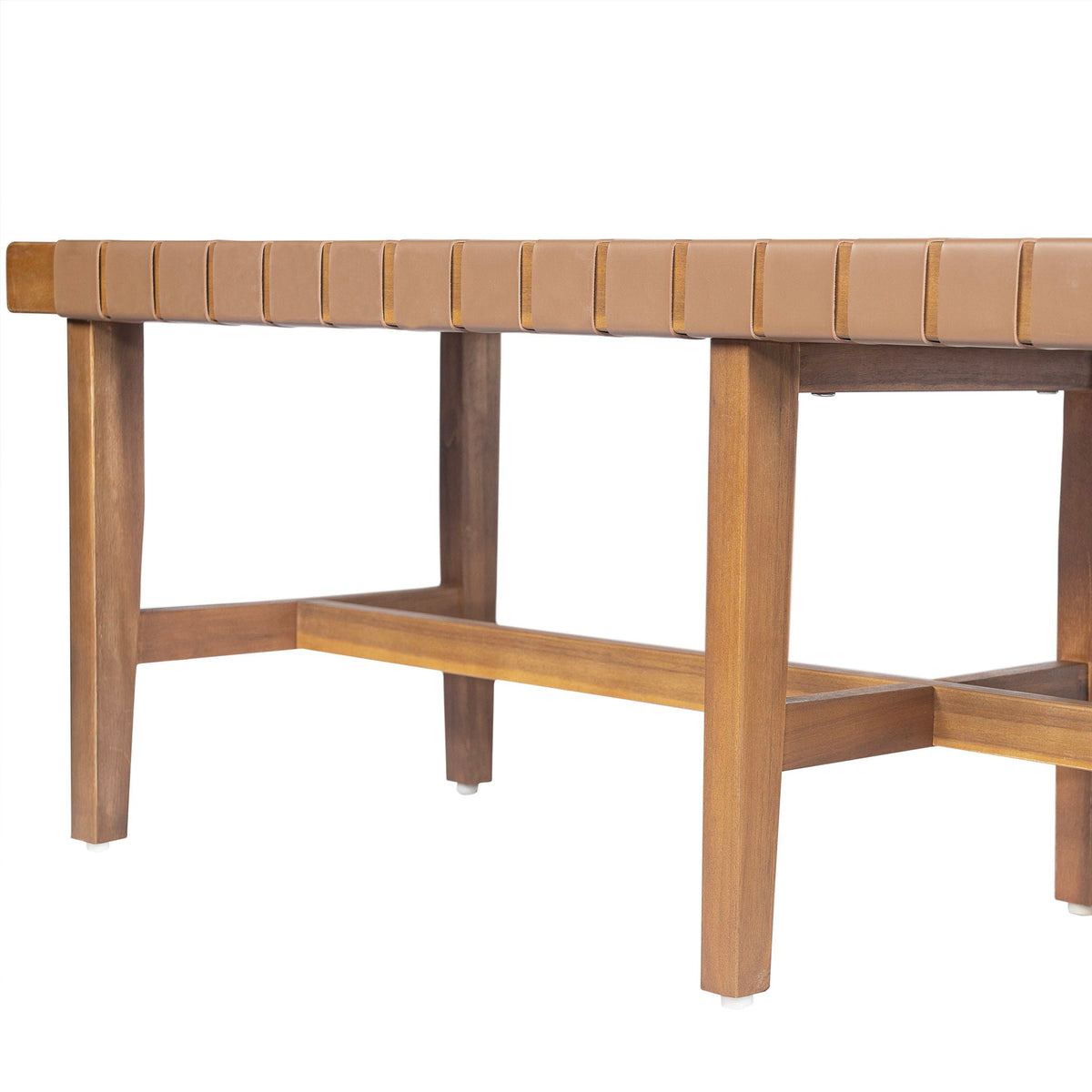 Acacia wood bedroom bench with woven PU leather seat in warm teak, sturdy leg frame on Tampa Home & Garden Store
