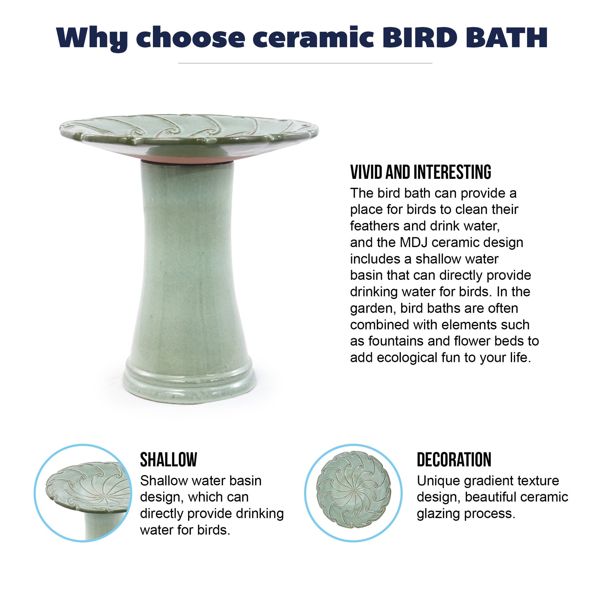 Handmade glazed ceramic bird bath in sage green with leaf swirl pattern atop a pedestal on Tampa Home & Garden Store