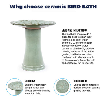 Handmade glazed ceramic bird bath in sage green with leaf swirl pattern atop a pedestal on Tampa Home & Garden Store