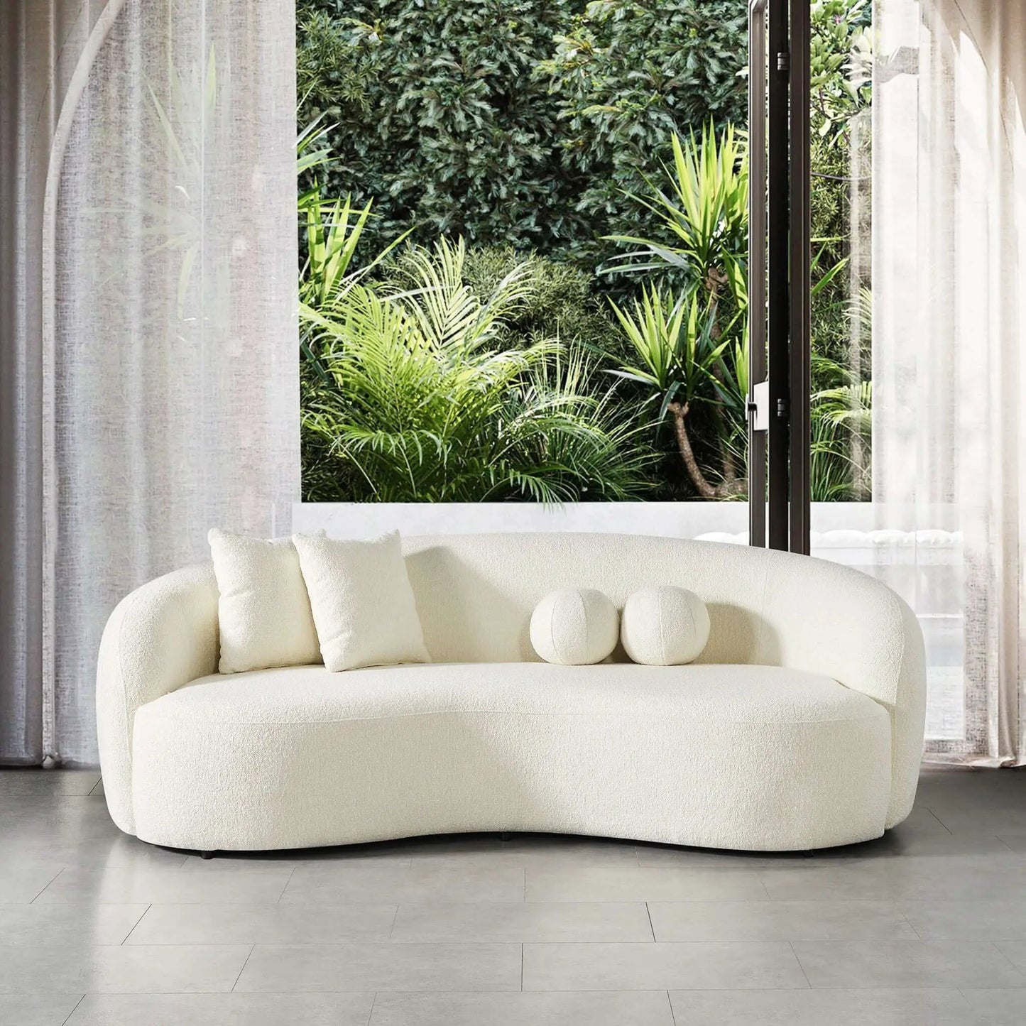 Drake Japandi Style Curvy Boucle Sofa, cream boucle stationary sofa by Unique Piece Furniture on Tampa Home & Garden Store