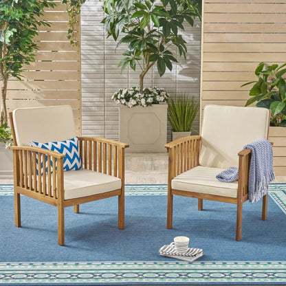 Casa Acacia Club Chairs (2), HouseOfZazla outdoor seating in natural acacia with white cushions on Tampa Home & Garden Store