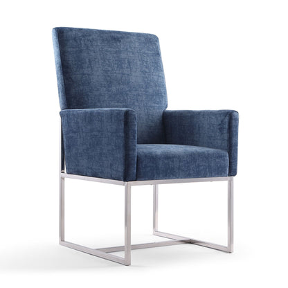 Element Dining Arm Chair in blue velvet upholstery with chrome cantilever base on Tampa Home & Garden Store