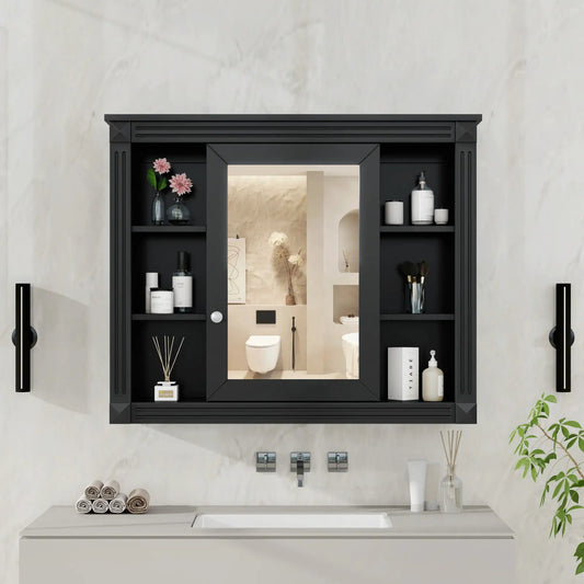 Wall-mounted black medicine cabinet with mirror and 6 open shelves from Unique Piece Furniture on Tampa Home & Garden Store