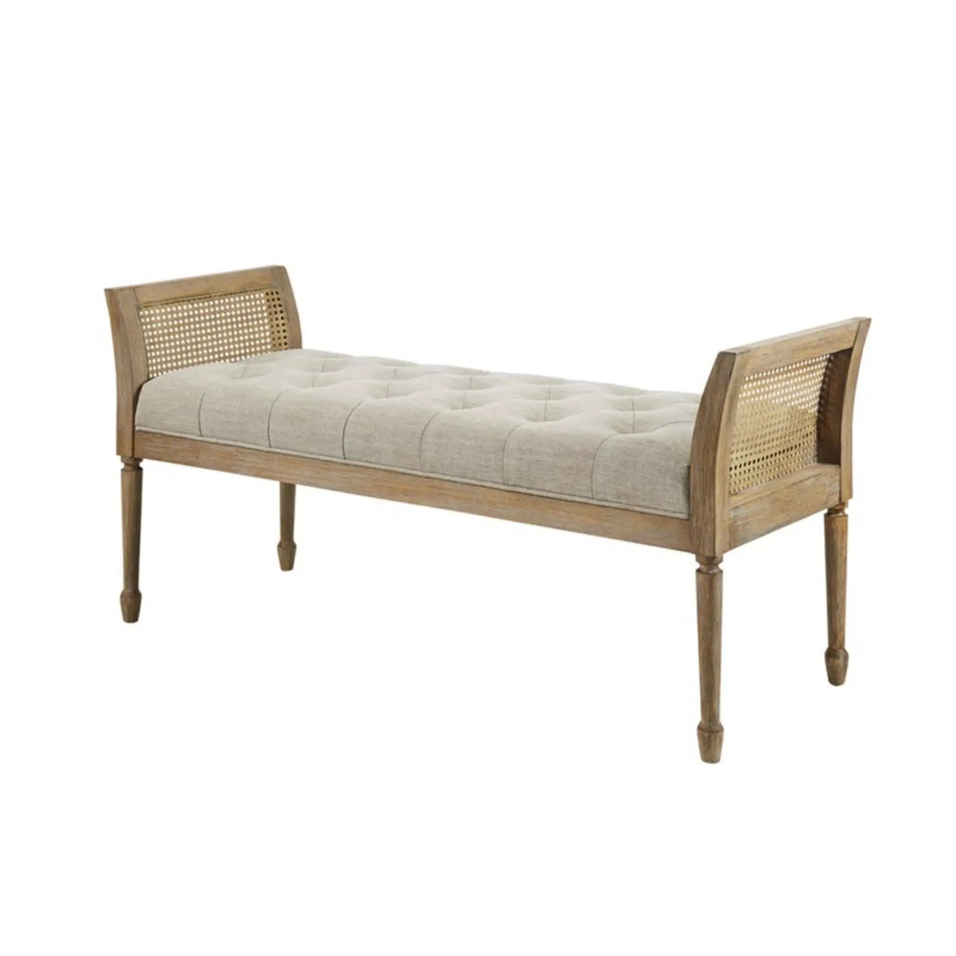 Accent bench with arm in natural wood, beige upholstered cushion, caned side panels on Tampa Home & Garden Store