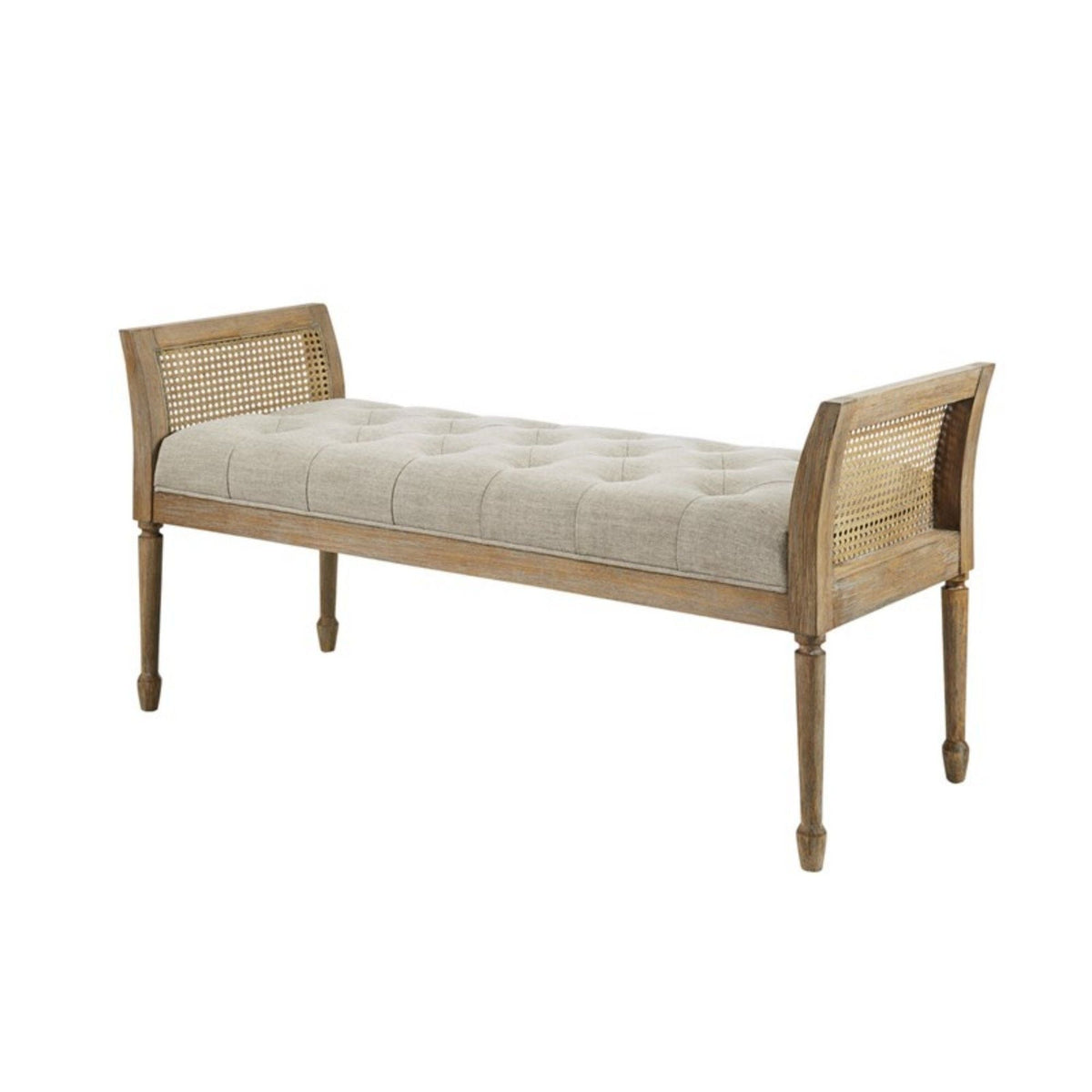 Natural Accent Bench with Arm and Tufted Seat, wood frame with caned panels HouseOfZazla on Tampa Home & Garden Store