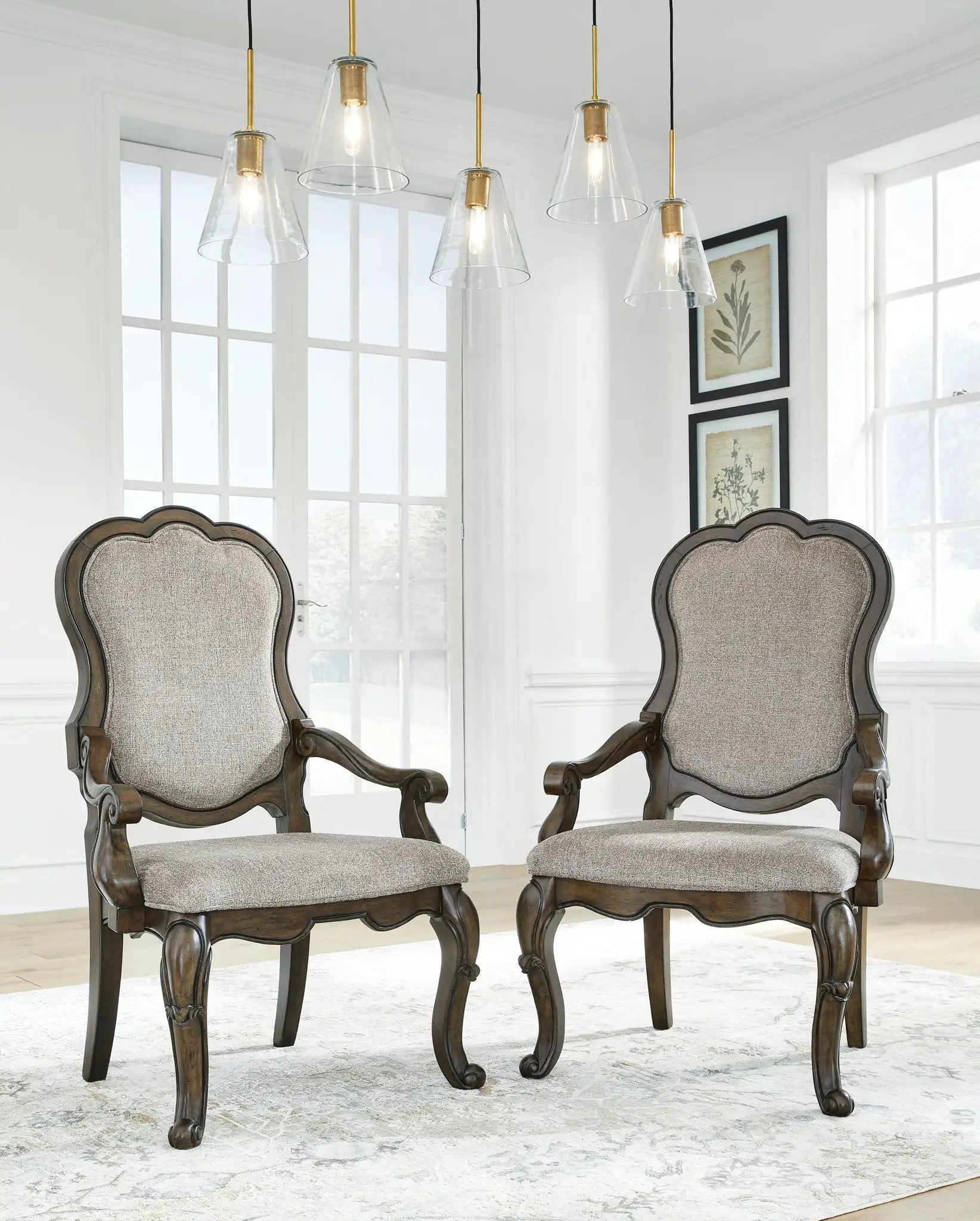 Maylee dining upholstered arm chair set of 2 in dark brown wood with gray fabric cushions on Tampa Home & Garden Store