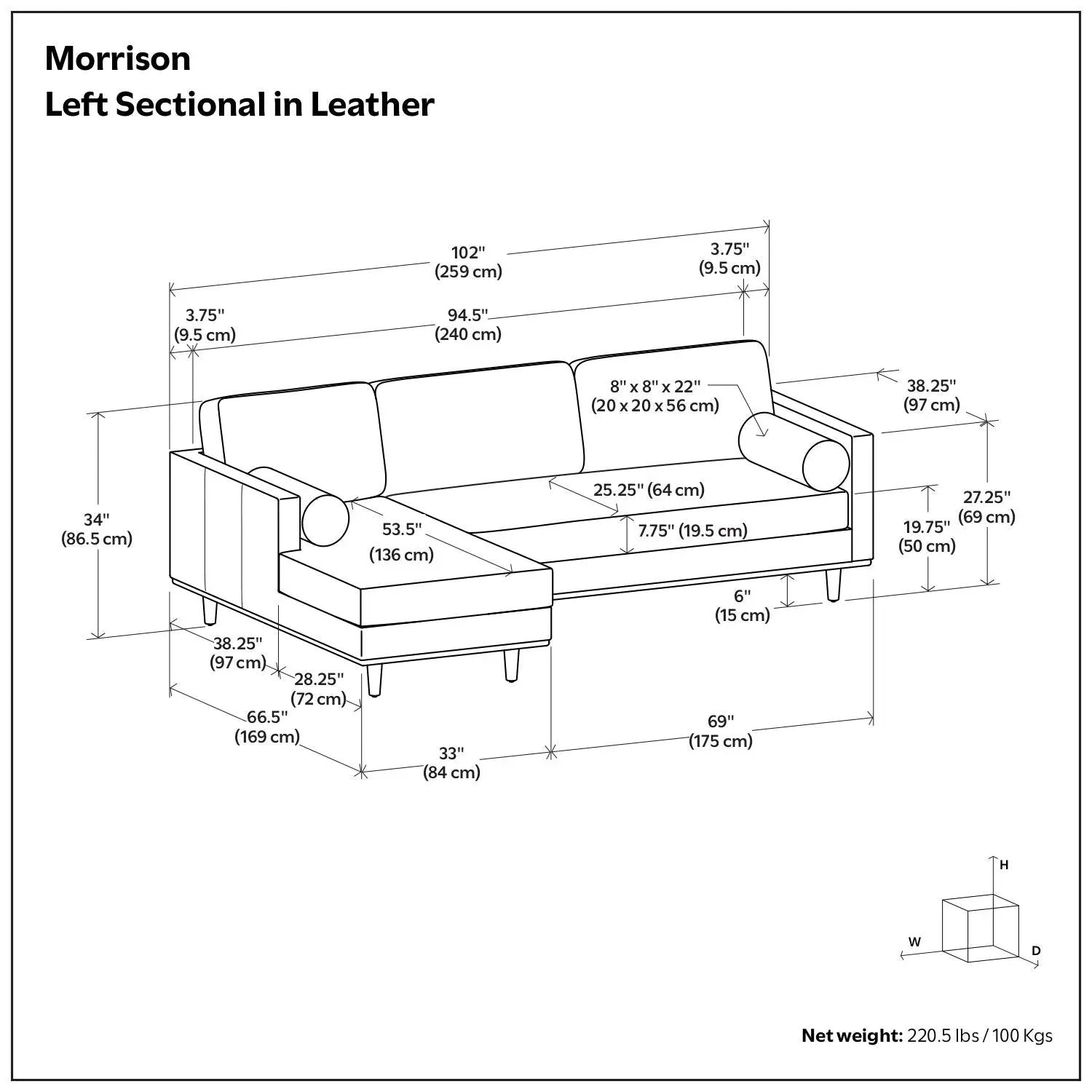 Morrison Left Sectional Sofa in Leather by Unique Piece Furniture, stationary with chaise on Tampa Home & Garden Store