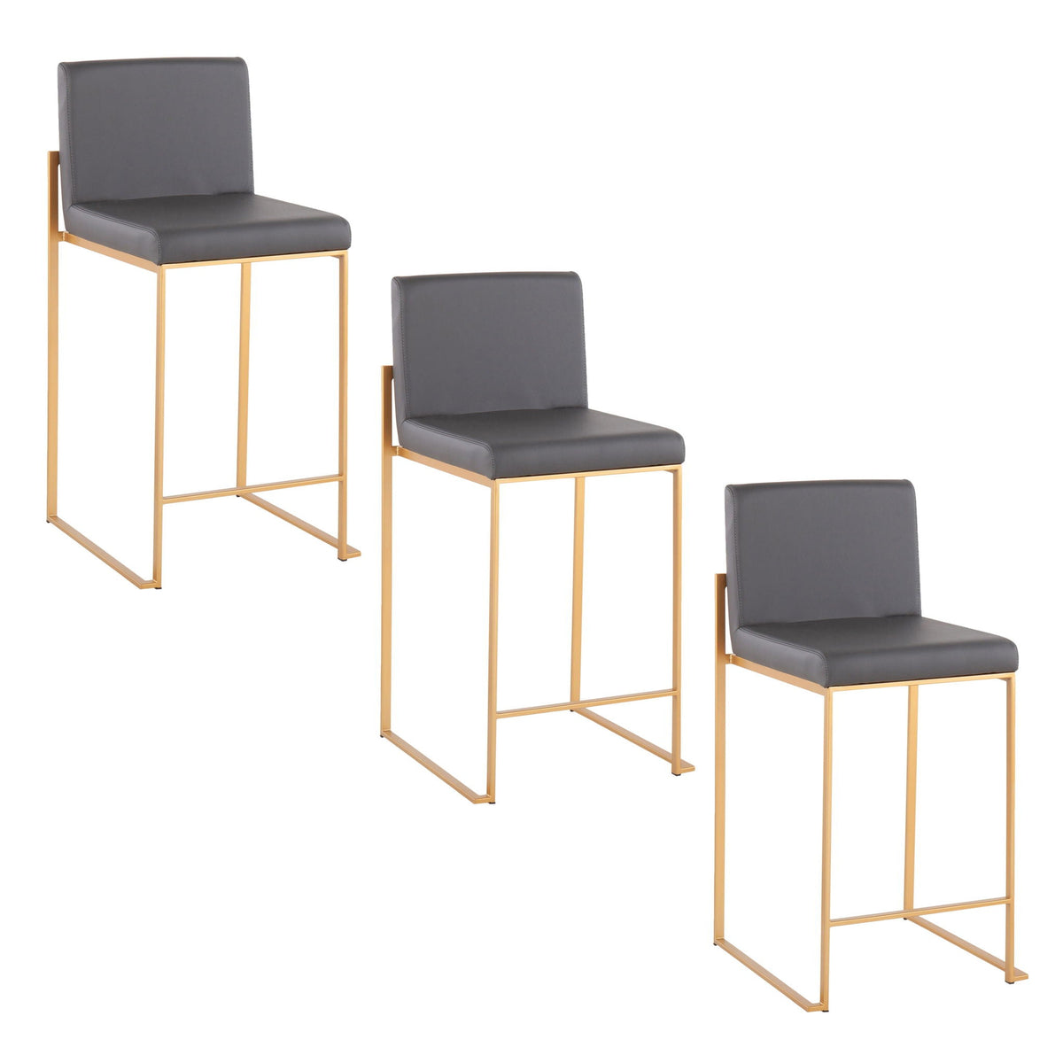 Set of four contemporary high-back counter stools with gray upholstered seats and gold legs on Tampa Home & Garden Store