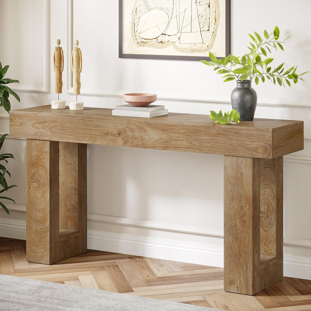 Extra long narrow wooden console table in natural oak with open space between thick block legs on Tampa Home & Garden Store