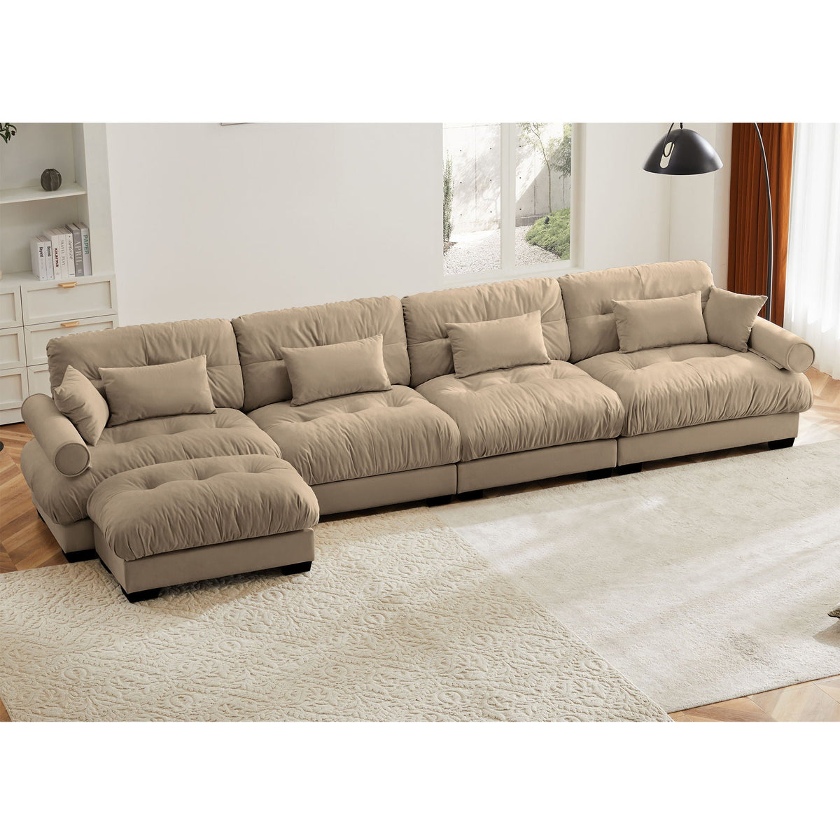 Beige modern 2-piece sectional sofa with ottoman, round bolster arms, waist and throw pillows on Tampa Home & Garden Store