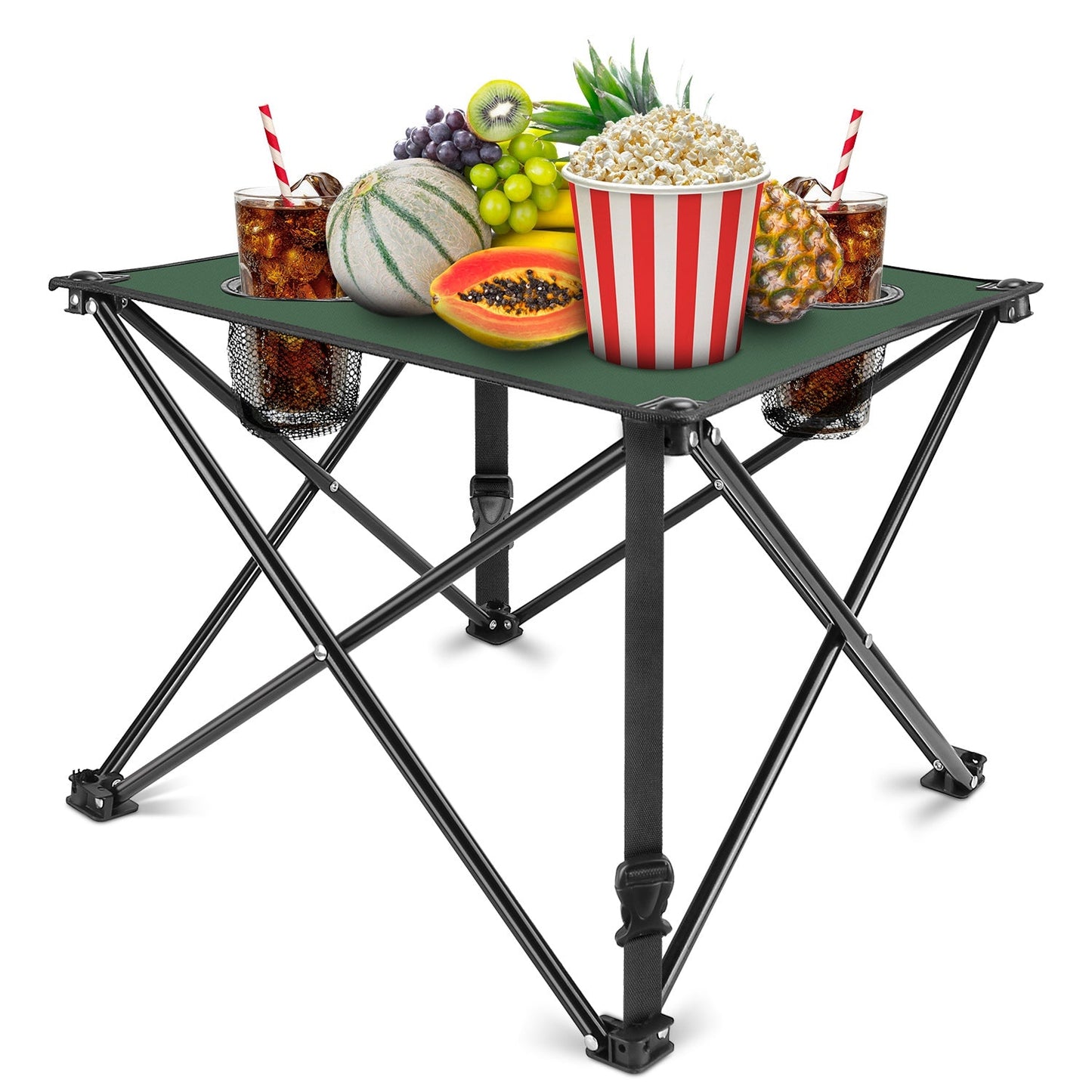 GemGear foldable camping table with green top, black frame, and 2 cup holders on Tampa Home & Garden Store