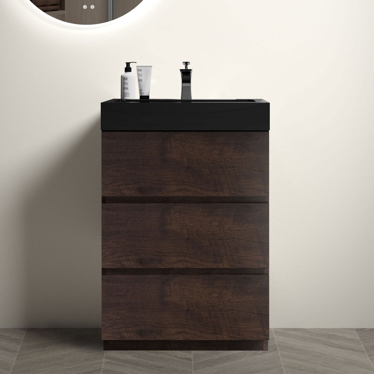 Alice bathroom vanity with large storage and one-piece sink, dark wood base, black countertop on Tampa Home & Garden Store