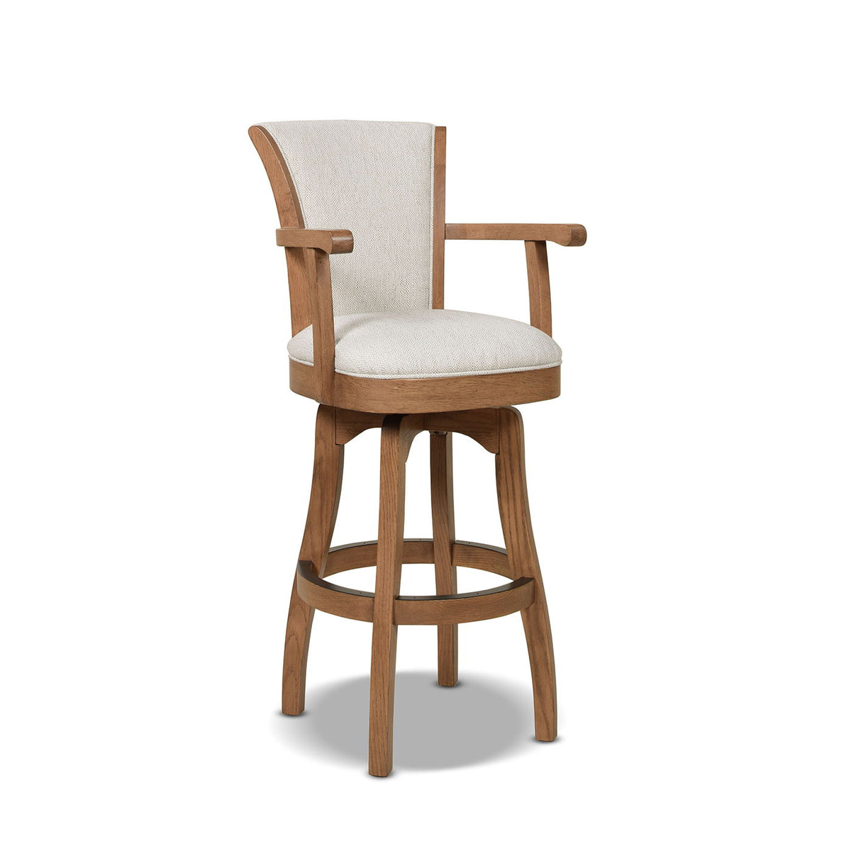 Williams Swivel Bar Stool with Armrests, solid hardwood frame, beige fabric upholstery on Tampa Home & Garden Store