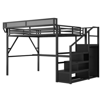 Loft bed with desk and charging station, black metal frame with stairs, mesh rail HouseOfZazla on Tampa Home & Garden Store