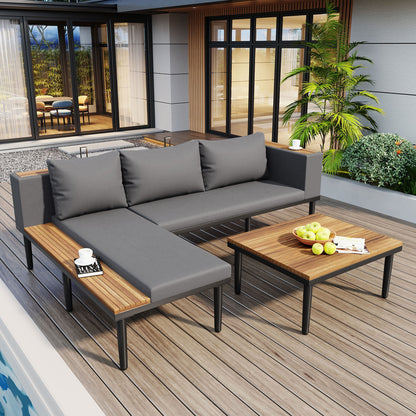 L Shaped Acacia Wood Outdoor Patio Sofa and Table