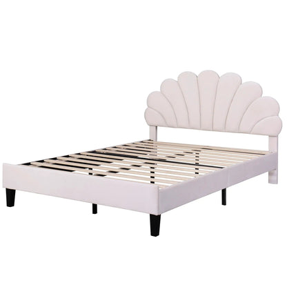 Upholstered platform bed with flower-headboard, white shell tufting, by Unique Piece Furniture on Tampa Home & Garden Store