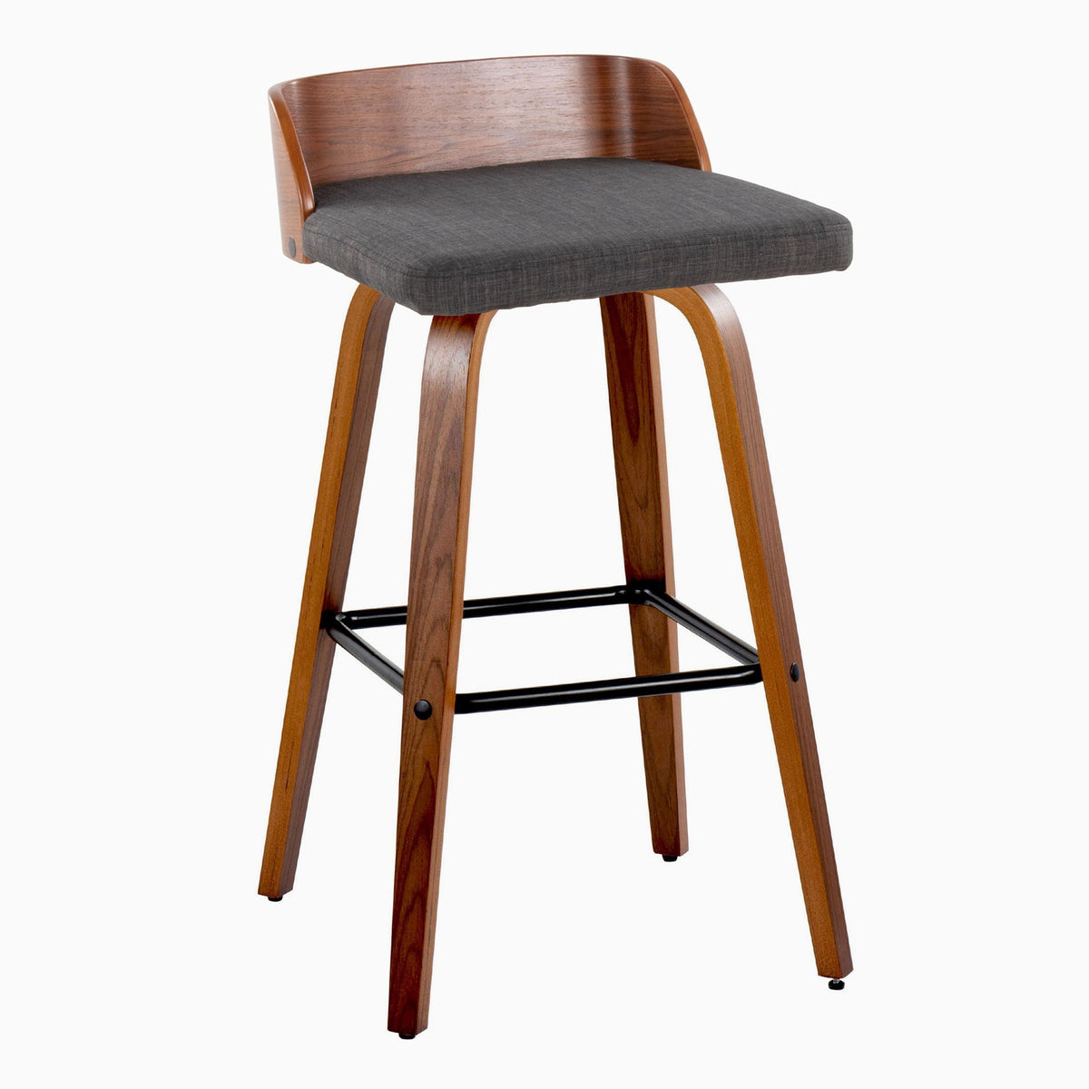 Barstool with dark gray upholstered seat, curved wooden back and legs, and black metal footrest on Tampa Home & Garden Store