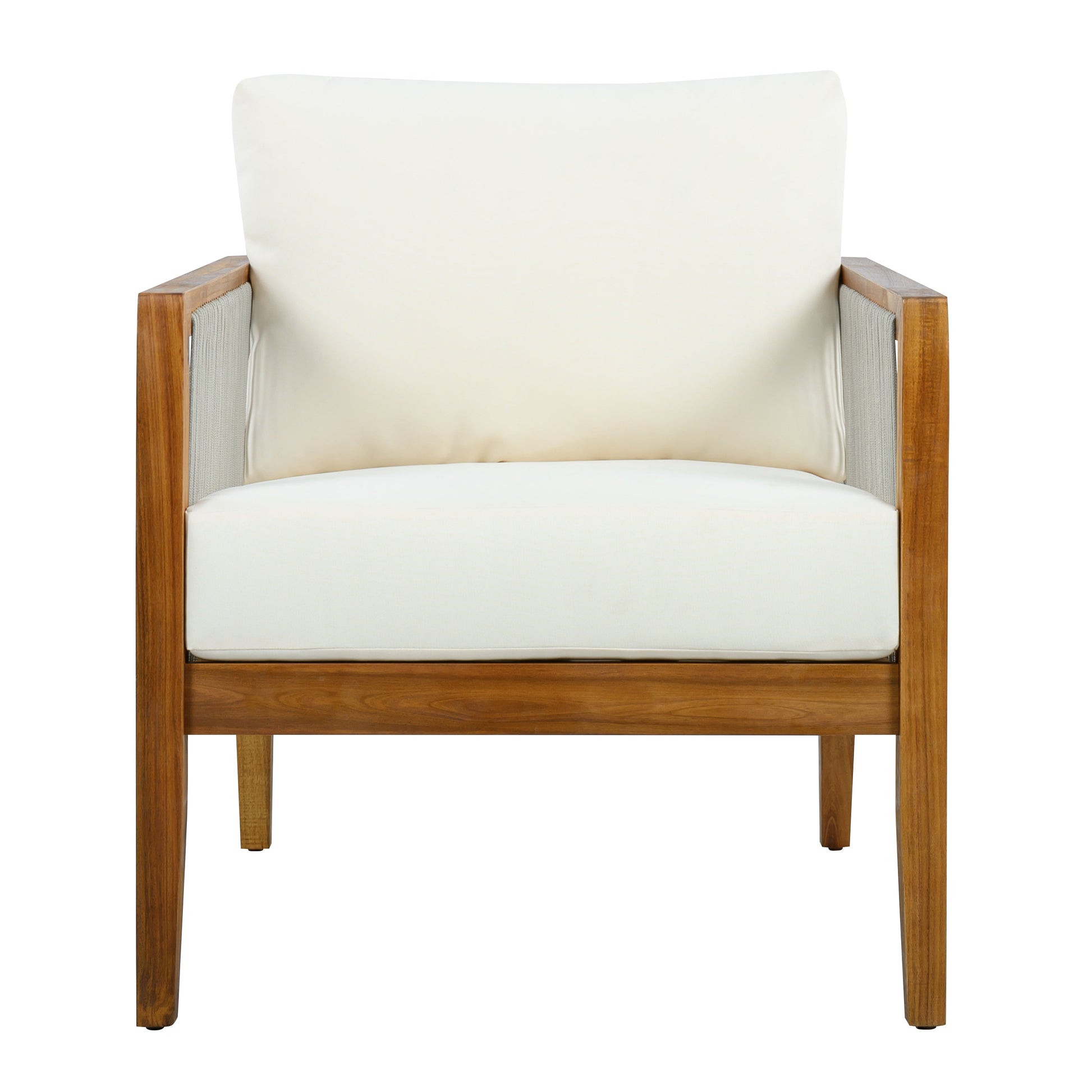 Outdoor sofa chair with cream cushions and acacia wood frame with rope detail on Tampa Home & Garden Store